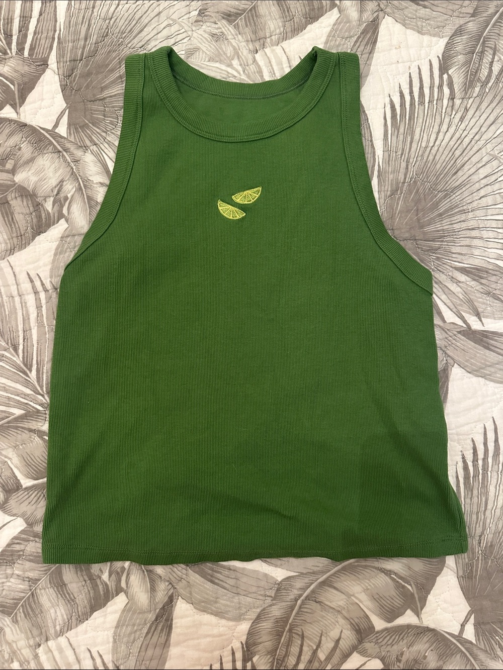 Green Tank Top with Lime Slice Embroidery